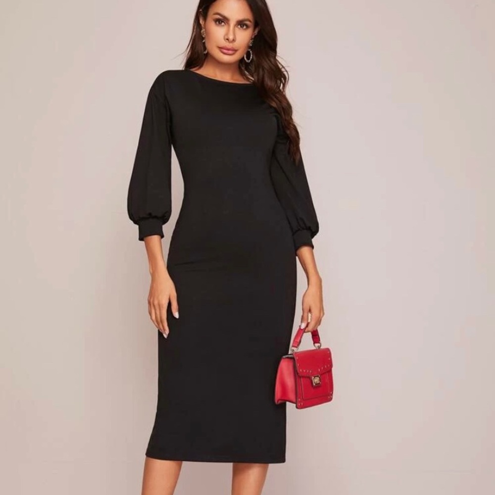 Zip back lantern sleeve solid pencil dress